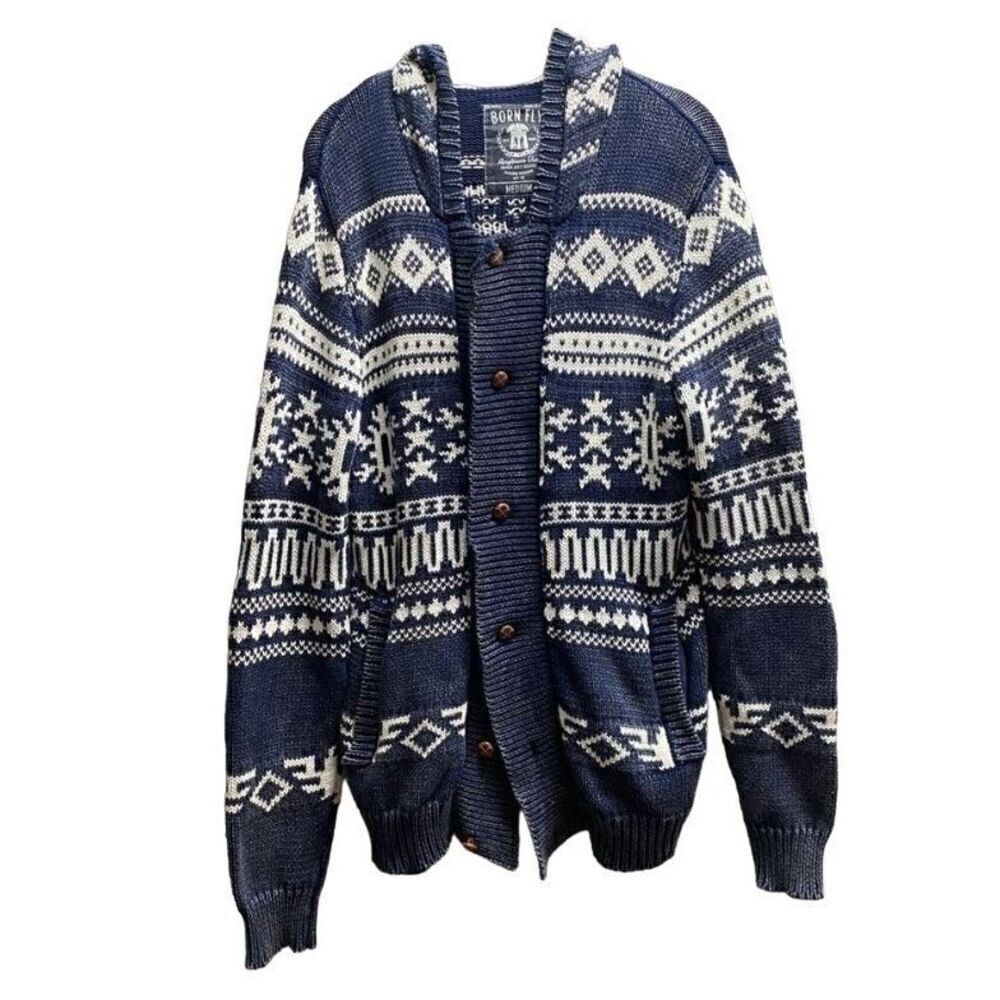 Born fly men’s anytime hooded blue and white cardigan sweater S/M